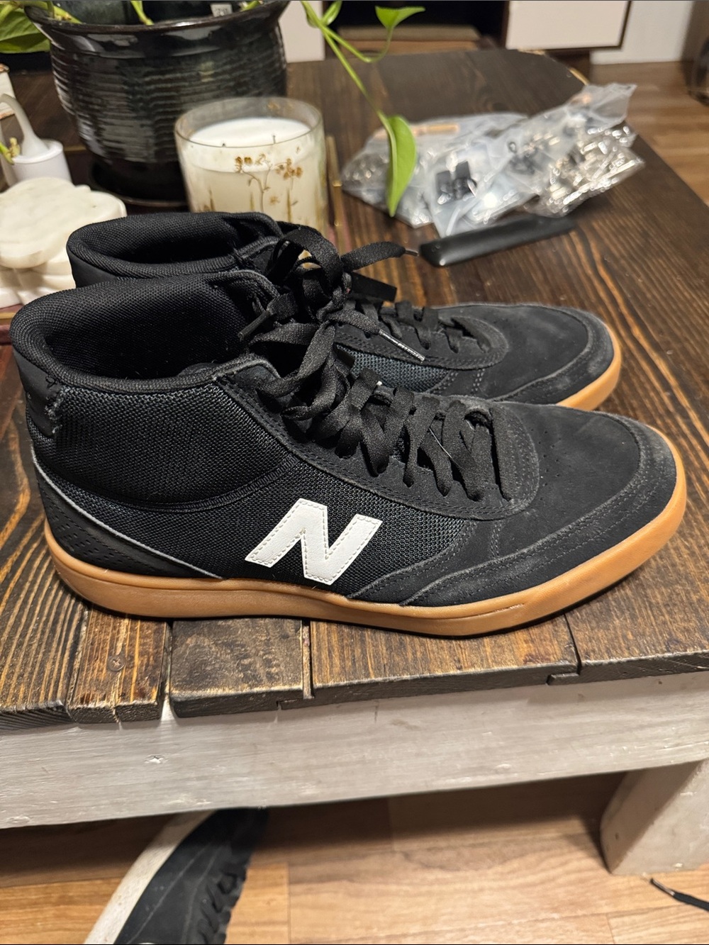 New Balance Men’s Black High-Top Sneakers with Gum Sole and White N Logo